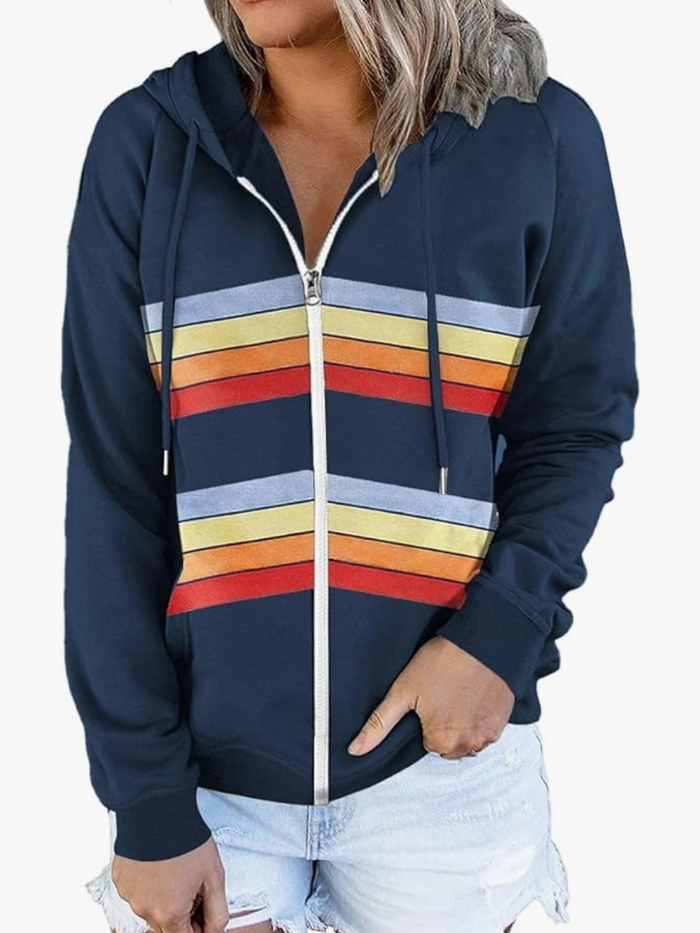 NWOT! Women’s Navy Zip-Up Hoodie with Retro Multi-Stripe